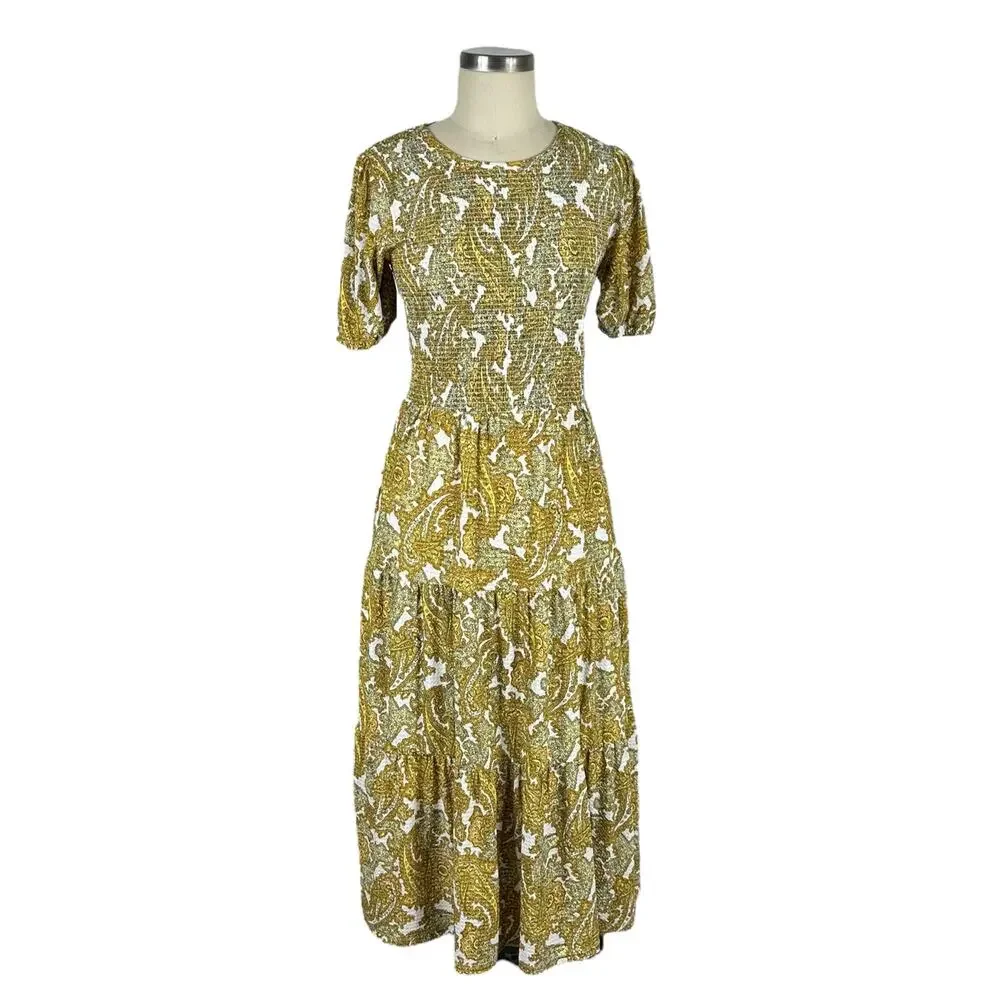MK MICHAEL‎ KORS Yellow Piasley Patterned Smocked Saffron Midi Dress Women's Med